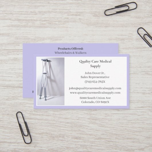 Paarse Krukken Apparatuur Medische Senior Care Visitekaartje (Voorkant / Achterkant in situ)
