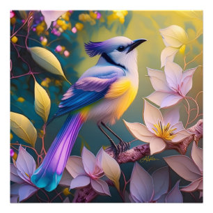 Paarse Kuif Gele Borst Fantasie Vogel Foto Afdruk