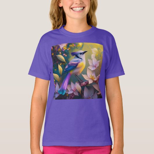 Paarse Kuif Gele Borst Fantasie Vogel T-shirt (Voorkant)