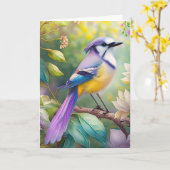 Paarse KuifJay Fantasie Vogel Kaart (Gele Bloem)