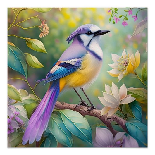 Paarse KuifJay Fantasie Vogel Perfect Poster (Voorkant)