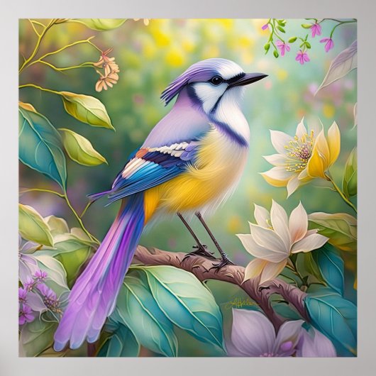 Paarse KuifJay Fantasie Vogel Poster (Voorkant)