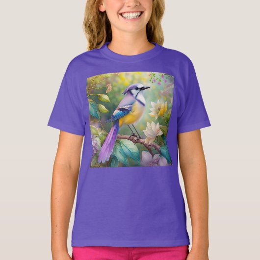 Paarse KuifJay Fantasie Vogel T-shirt (Voorkant)
