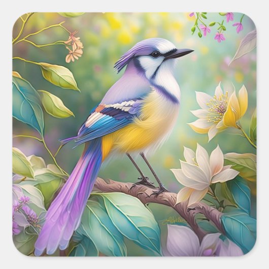 Paarse KuifJay Fantasie Vogel Vierkante Sticker (Voorkant)
