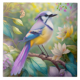 Paarse Kuifjay Fantasy Vogel Tegeltje