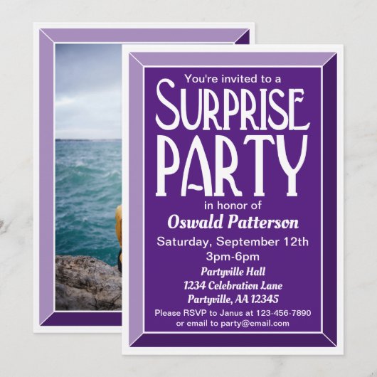 Paarse kunst Deco Foto Birthday Surprise Party Kaart (Voorkant / Achterkant)