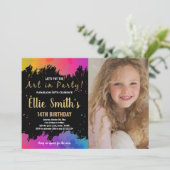 Paarse kunst in feestverf, geboortedag met foto kaart (Staand voorkant)