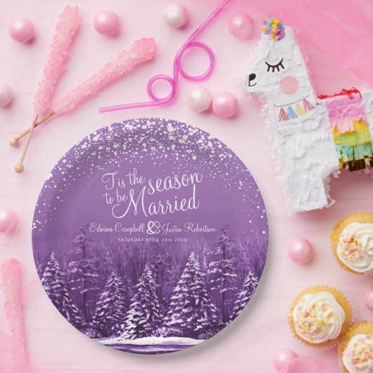 Paarse kunst met winterdenbomen papieren bordje (Feest)