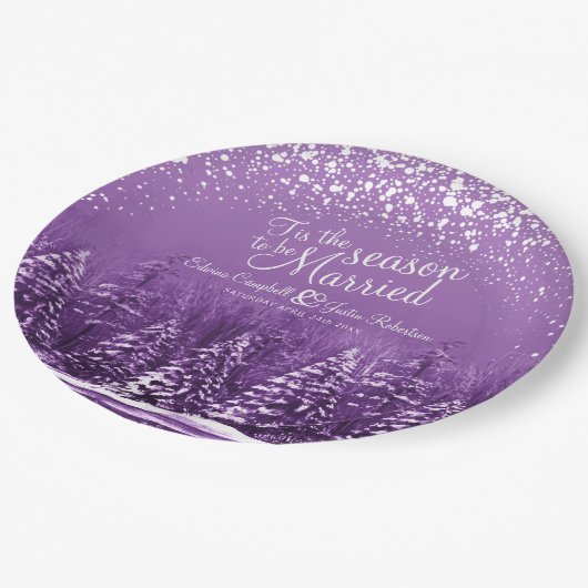 Paarse kunst met winterdenbomen papieren bordje (Gekanteld)