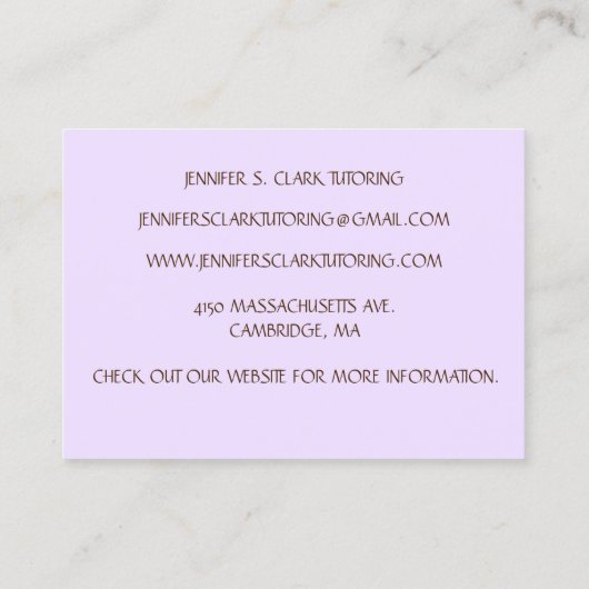 Paarse kunstleraar / tutor / opvoeder kunstklas visitekaartje (Achterkant)