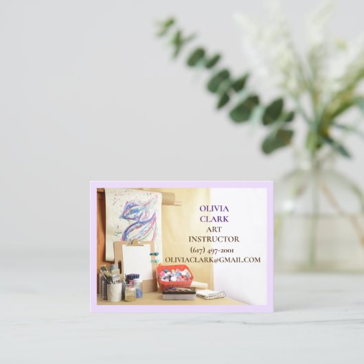 Paarse kunstleraar / tutor / opvoeder kunstklas visitekaartje (Staand voorkant)