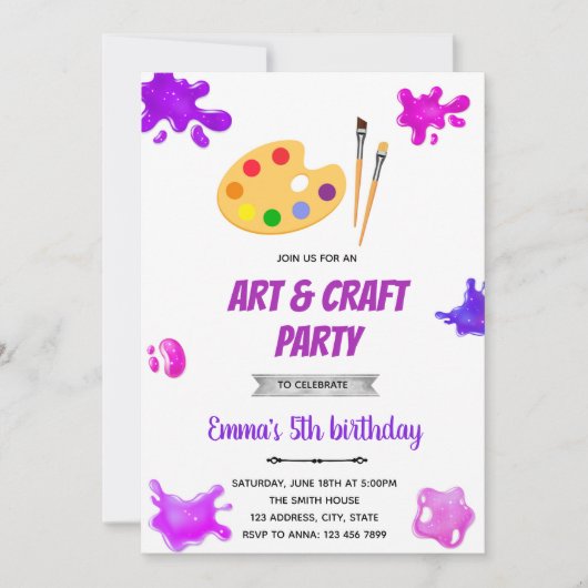 Paarse kunstschilderfeest uitnodiging (Voorkant)