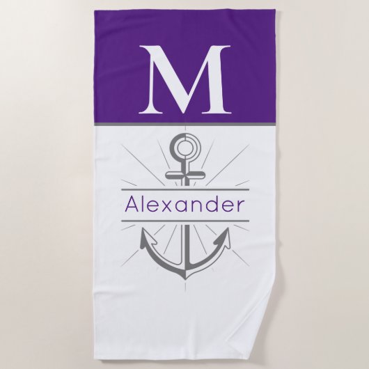 Paarse kustanker Nautische monogram Strandlaken (Voorkant)