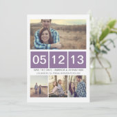 Paarse kwadraat foto bespaart de datum waarop het  save the date (Staand voorkant)