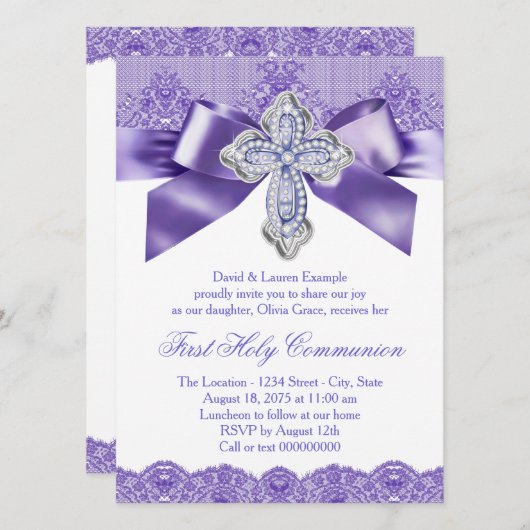 Paarse Lace Cross First Heilige Communie Kaart (Voorkant / Achterkant)