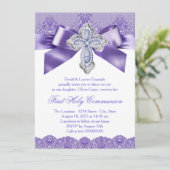 Paarse Lace Cross First Heilige Communie Kaart (Staand voorkant)