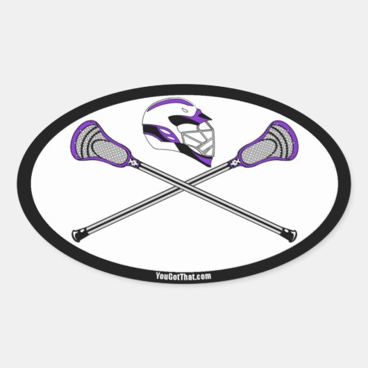 Paarse Lacrosse Sticks en Helm Ovale Sticker (Voorkant)