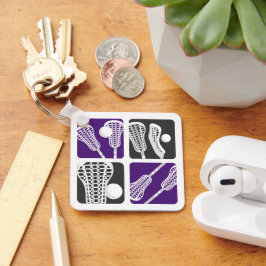 Paarse Lacrosse Stokken en Ballen Sleutelhanger