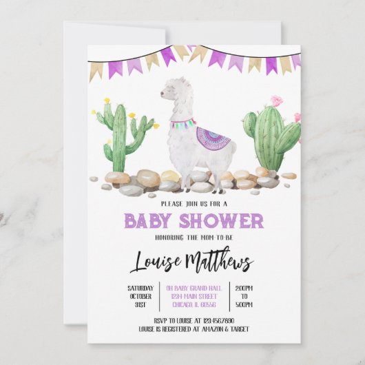 Paarse lama Baby shower Kaart (Voorkant)