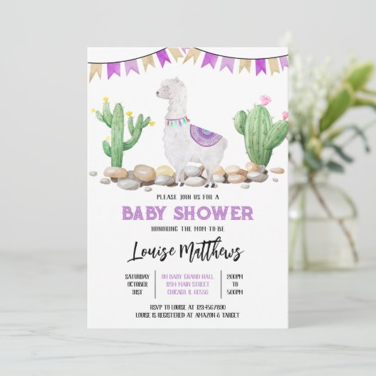 Paarse lama Baby shower Kaart (Staand voorkant)