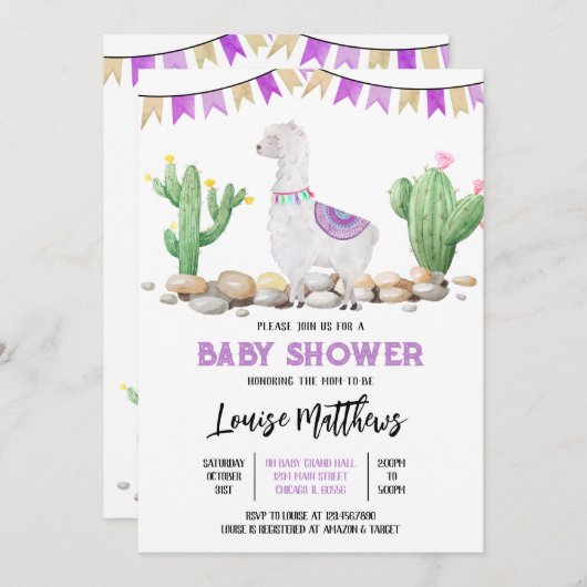 Paarse lama Baby shower Kaart (Voorkant / Achterkant)