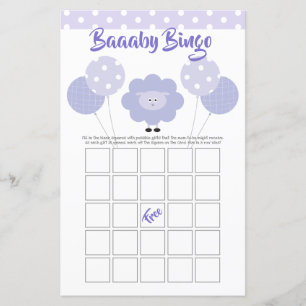 Paarse Lamb Baby shower Cute Sweet Bingo Game Kaar