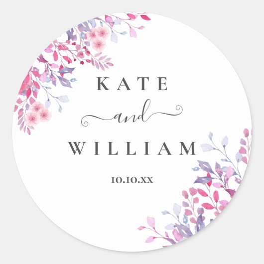 Paarse land Wildbloemen bloemenbruiloft Ronde Sticker (Voorkant)