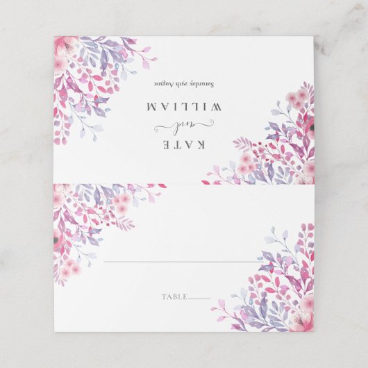 Paarse landelijke wilde bloemen bloemige bruiloft plaatskaartje (Buitenkant ongevouwen)