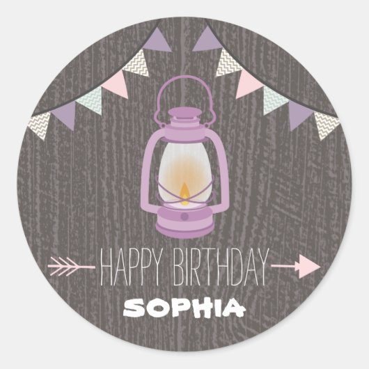 Paarse Lantaarn Camping Verjaardag Sticker (Voorkant)