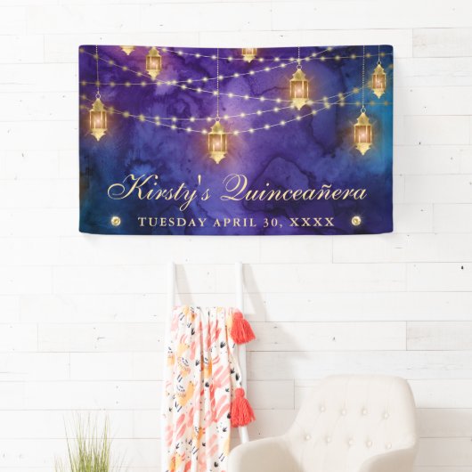 Paarse lantaarns String Lights Quinceanera Spandoek (Insitu)