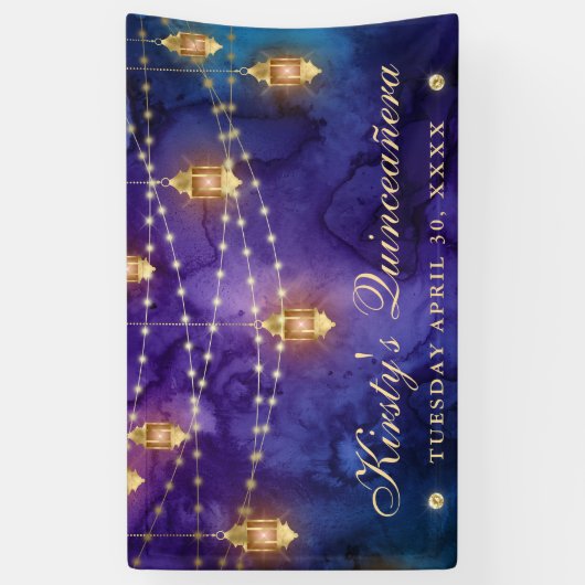 Paarse lantaarns String Lights Quinceanera Spandoek (Verticaal)