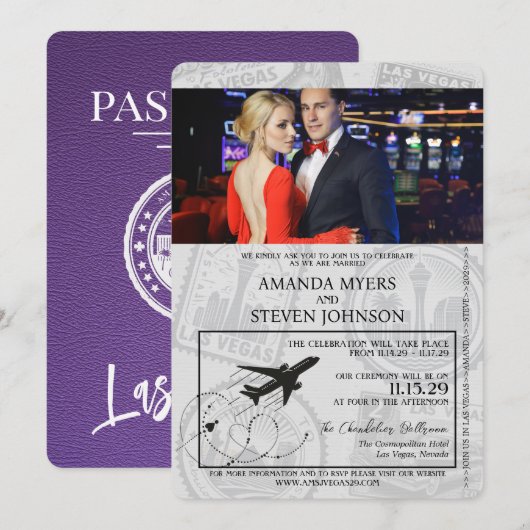 Paarse Las Vegas Passport Wedding Kaart (Voorkant / Achterkant)