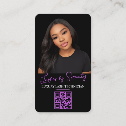 Paarse Lash Technician QR Code Zwart Luxe Schoonhe Visitekaartje (Voorkant)