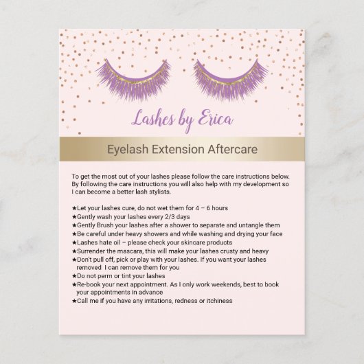Paarse Lashes Salon Eyelash Instruction Flyer (Voorkant)
