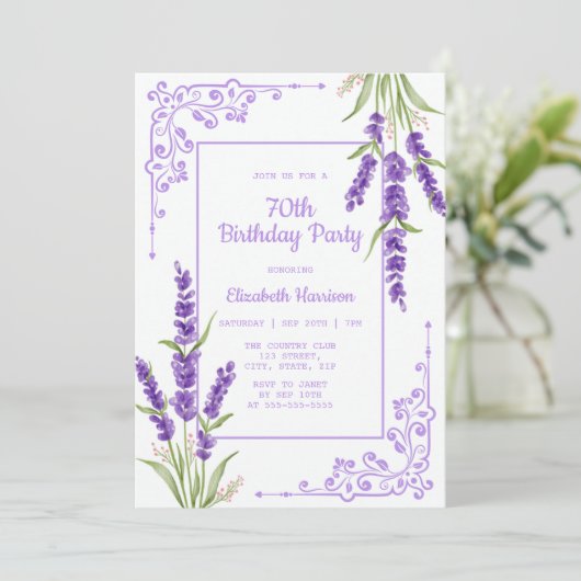 Paarse Lavendel Antiek Lijst 70e Verjaardag Kaart (Staand voorkant)