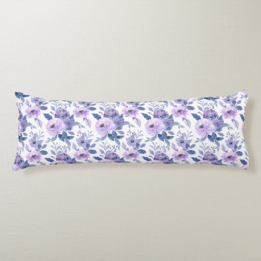 Paarse Lavendel Aquarel Bloem Wit Lichaamskussen (Voorkant)