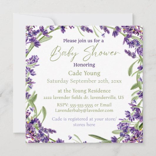 Paarse Lavendel Baby shower Monogram Uitnodigen Feestdagenkaart (Voorkant)