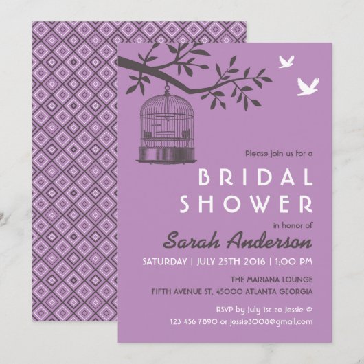 Paarse lavendel Bird Cage Rustic Shower Invitation Kaart (Voorkant / Achterkant)