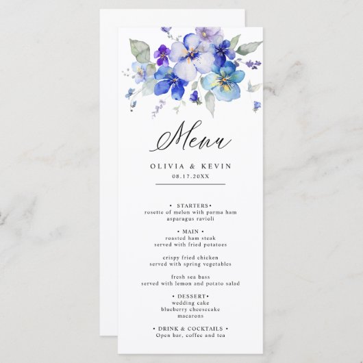 Paarse lavendel blauw marine stoffige bloemen brui menu (Voorkant / Achterkant)