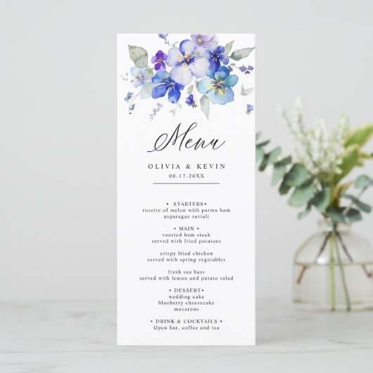 Paarse lavendel blauw marine stoffige bloemen brui menu (Staand voorkant)