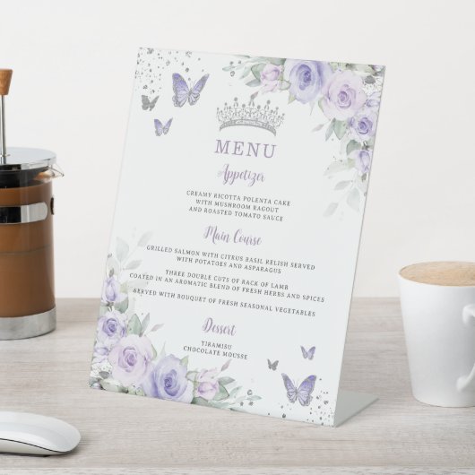 Paarse lavendel bloem vlinders verjaardagsmenu reclamebord met voetstuk (Insitu)