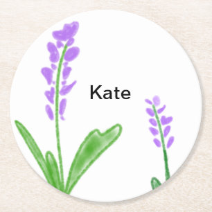 Paarse lavendel bloem waterverf voeg naam tekst to ronde kartonnen onderzetter