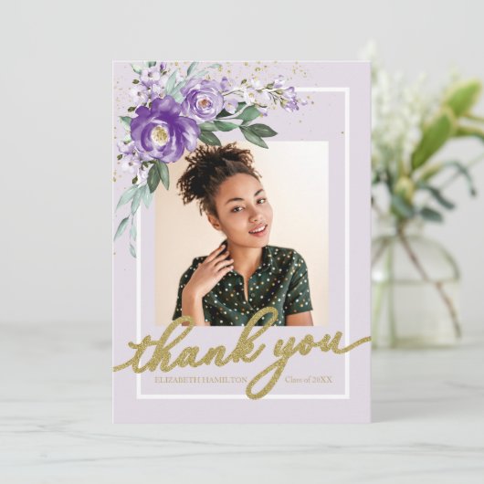 Paarse Lavendel Bloemen Afstuderen Foto Dank u Bedankkaart (Staand voorkant)