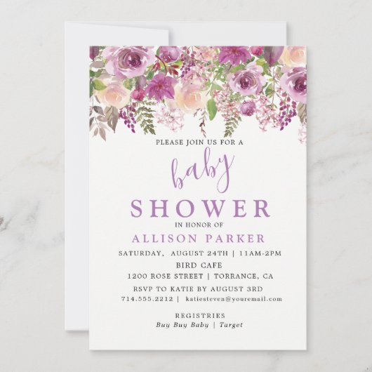 Paarse Lavendel Bloemen Baby shower Uitnodiging (Voorkant)
