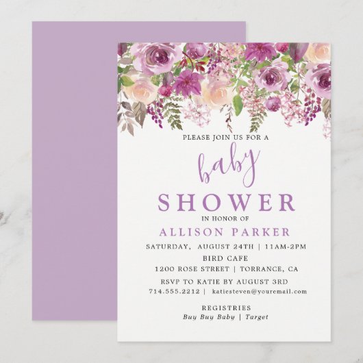 Paarse Lavendel Bloemen Baby shower Uitnodiging (Voorkant / Achterkant)