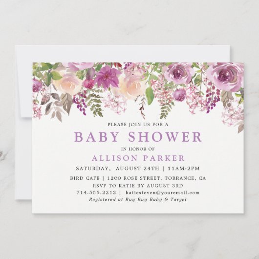 Paarse Lavendel Bloemen Baby shower Uitnodiging (Voorkant)