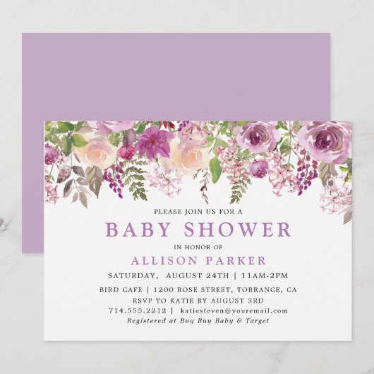 Paarse Lavendel Bloemen Baby shower Uitnodiging (Voorkant / Achterkant)