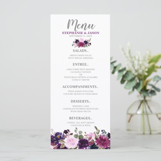 Paarse Lavendel Bloemen Boho Bruiloft menu (Staand voorkant)