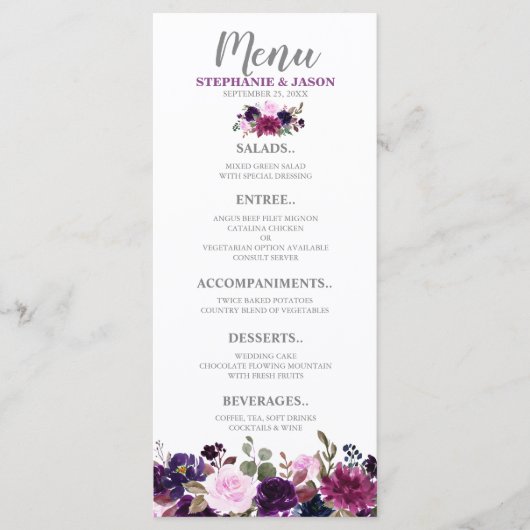 Paarse Lavendel Bloemen Boho Bruiloft menu (Voorkant)