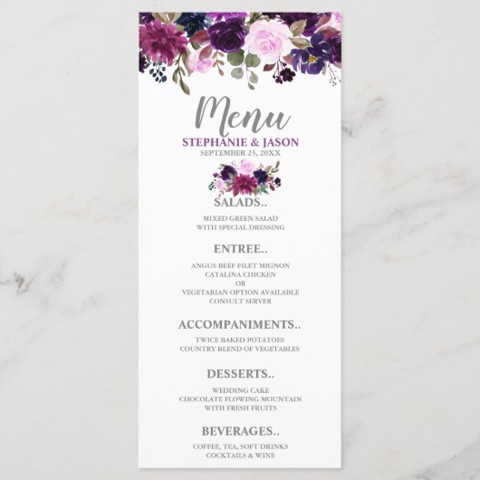 Paarse Lavendel Bloemen Boho Bruiloft Menu (Voorkant)